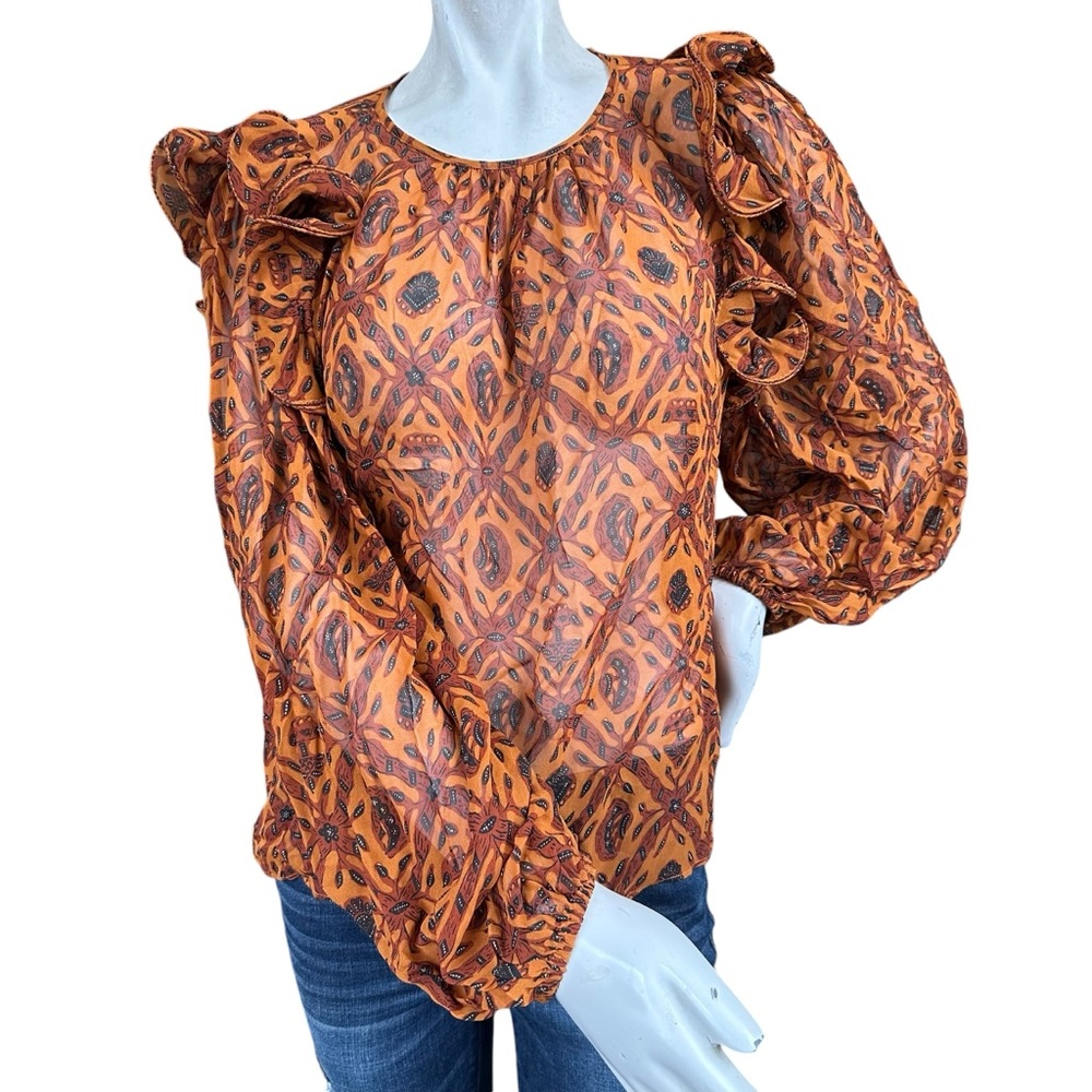 Ulla Johnson Medine 100% Silk Blouse in Ochre Orange & Tan Batik Size 4